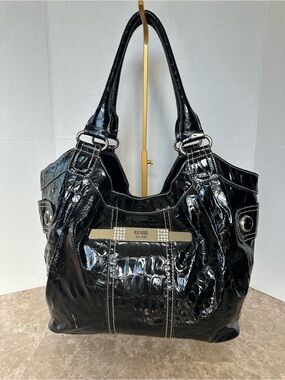 Vintage GUESS Y2K Black Patent Croc Hobo Bag Rhinestone Bling Glam Mob Wife